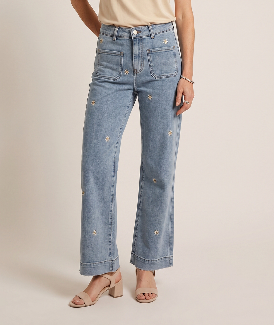 Jean Daisy flare taille haute brodé marguerites- jean