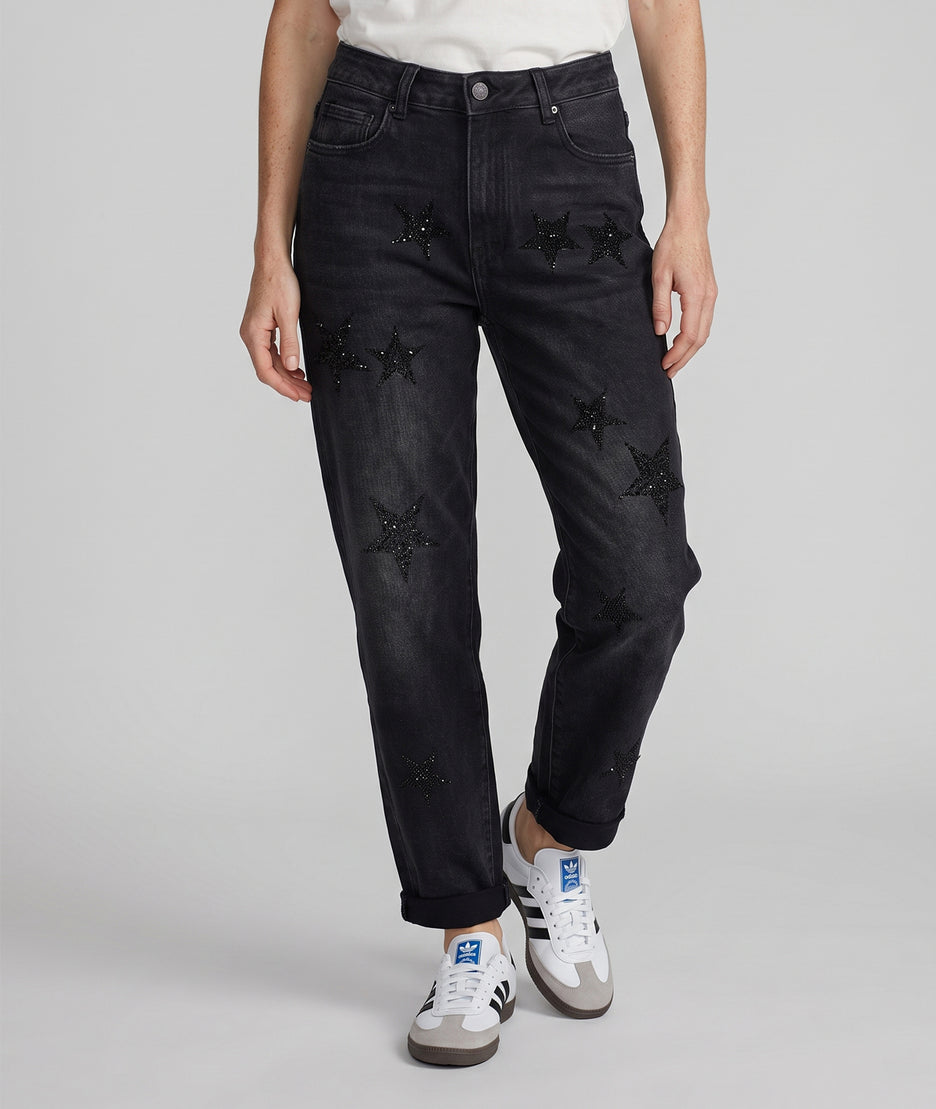 Jean 7/8ème femme noir coupe boyfriend à étoiles