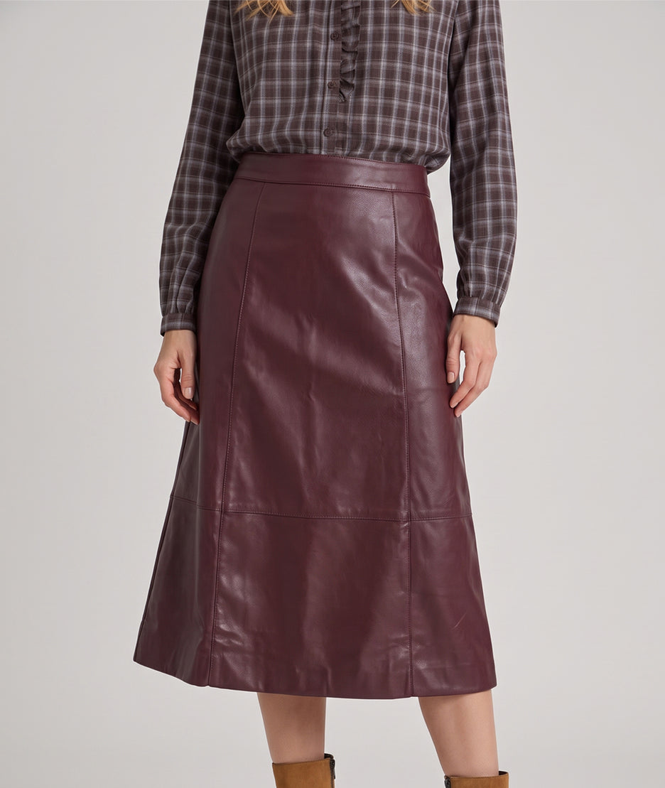 Jupe mi-longue simili cuir bordeaux femme face - Carnaby