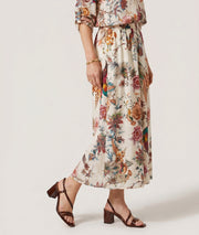Jupe Ludivine écru maxi évasée imprimé jardin exotique oiseaux fleurs face - Carnaby