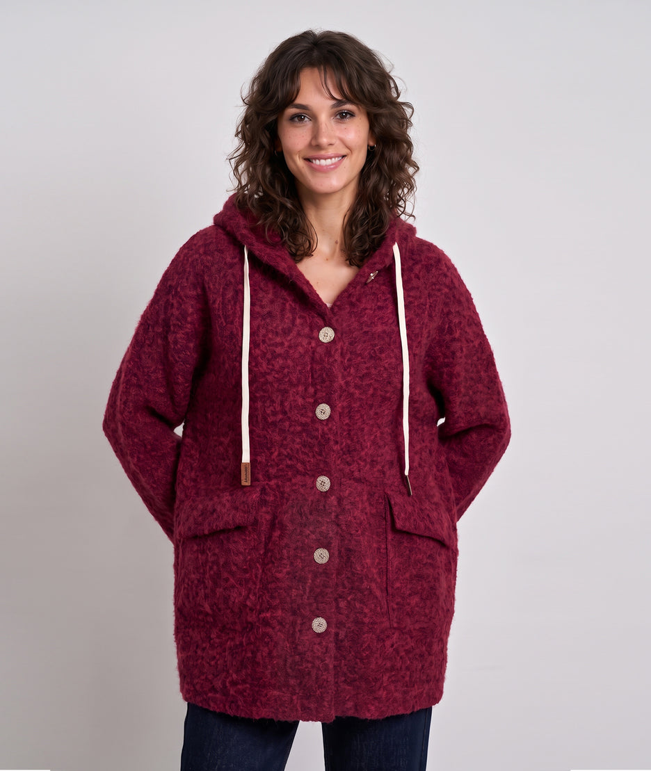 Manteau en maille bouclée rouge femme à capuche