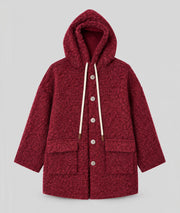 Manteau en maille bouclée rouge femme à capuche
