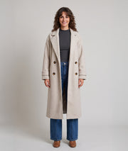 Manteau long femme beige écru Sonia à double boutonnage et col cranté face avant
