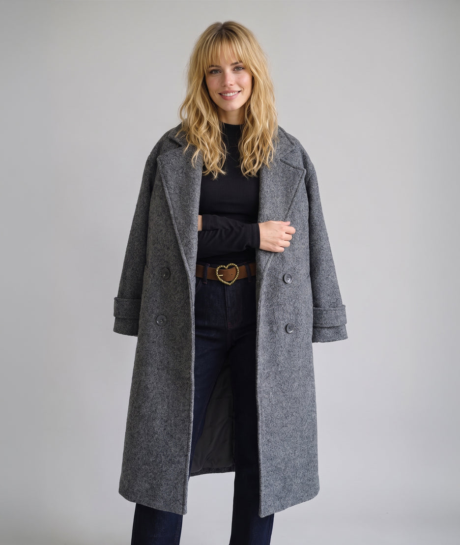 Manteau long femme gris Sonia à double boutonnage et col cranté face avant