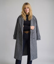 Manteau long femme gris Sonia à double boutonnage et col cranté face avant