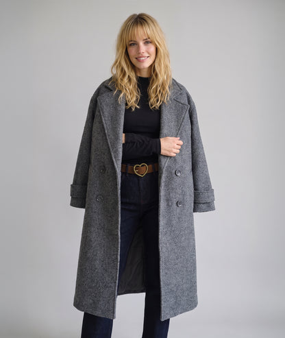 Manteau long femme gris Sonia à double boutonnage et col cranté face avant