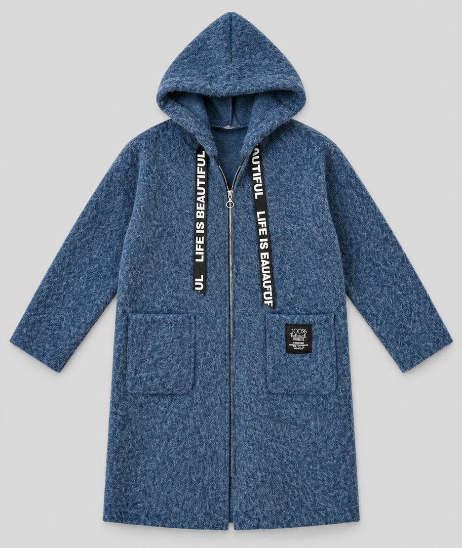 Manteau long Zipo bleu à capuche en maille bouclée femme à plat