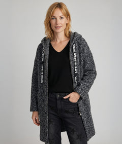 Manteau long Zipo gris à capuche en maille bouclée femme