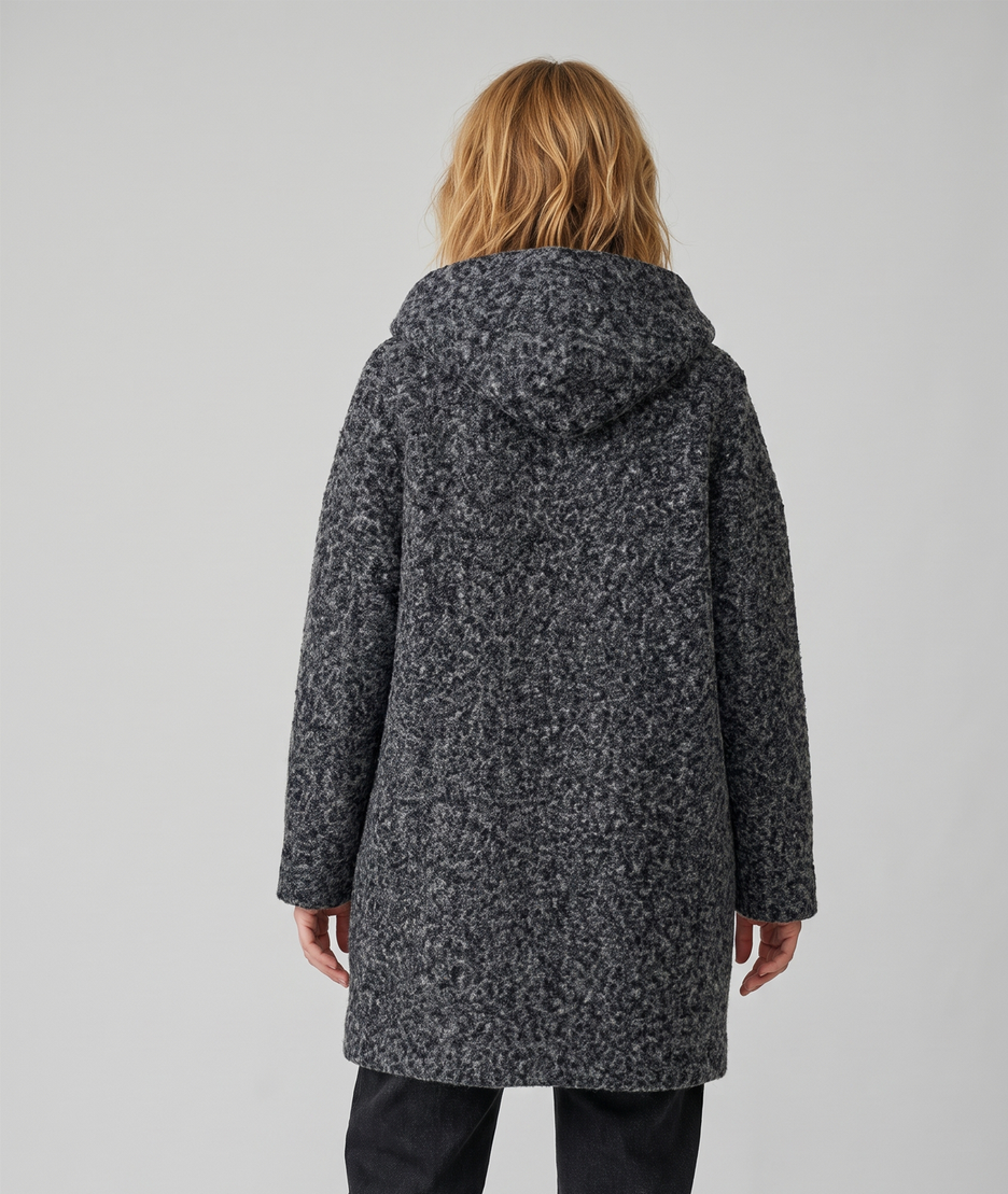 Manteau long Zipo gris à capuche en maille bouclée femme face arrière