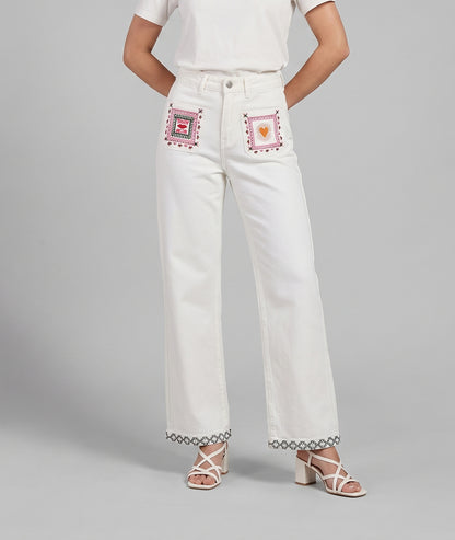 Pantalon Bisou à broderies blanc face