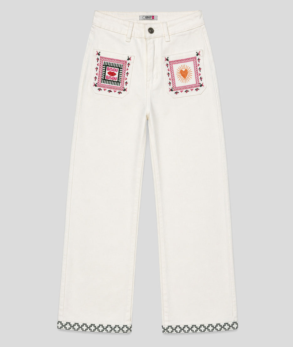 Pantalon Bisou à broderies blanc face
