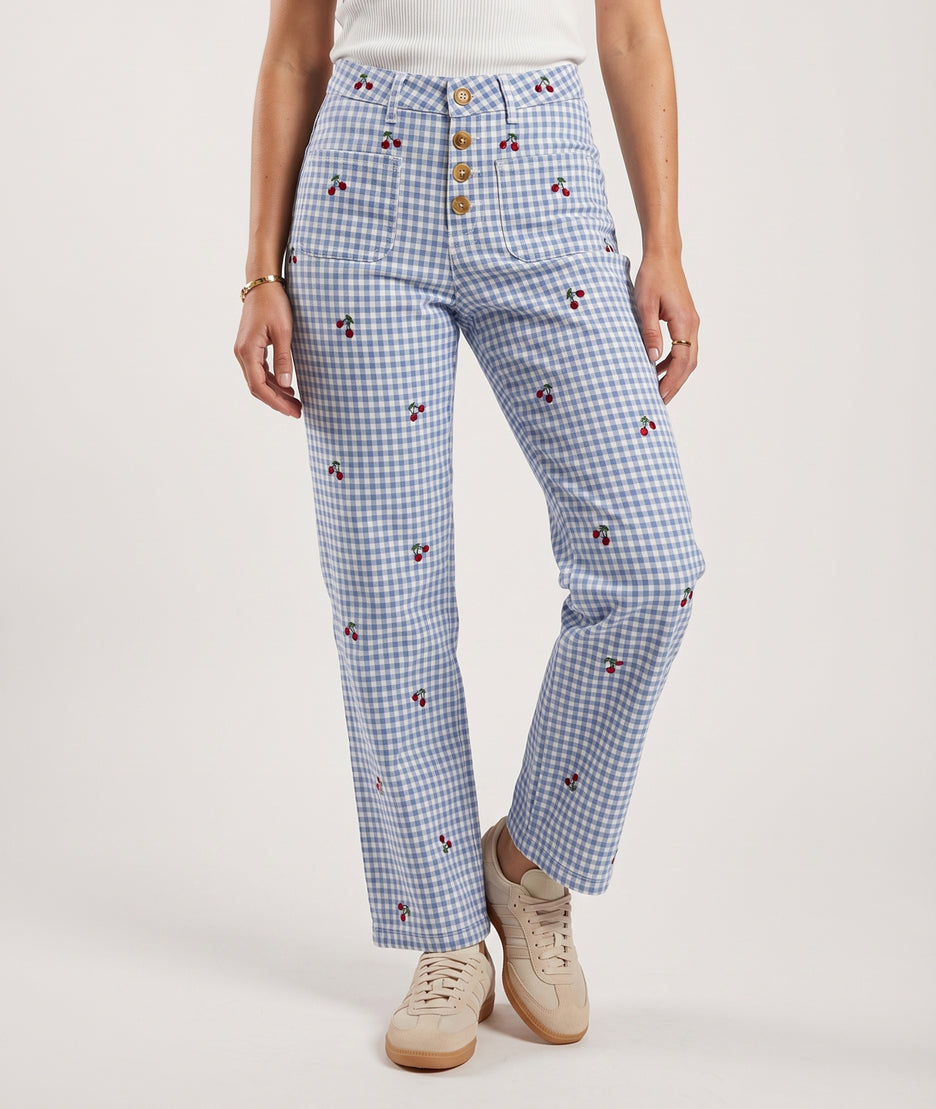 Pantalon Cerica à carreaux broderies cerises bleu face
