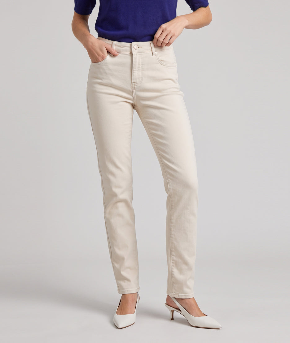 Pantalon slim femme Clea écru taille haute en coton stretch