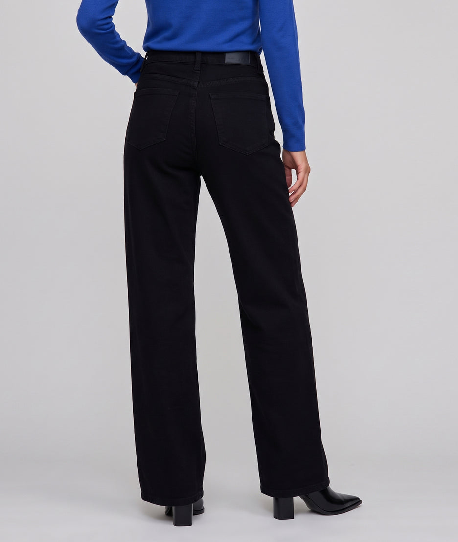 Pantalon wide leg noir taille haute femme avec boutons dorés sur le devant