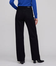 Pantalon wide leg noir taille haute femme avec boutons dorés sur le devant