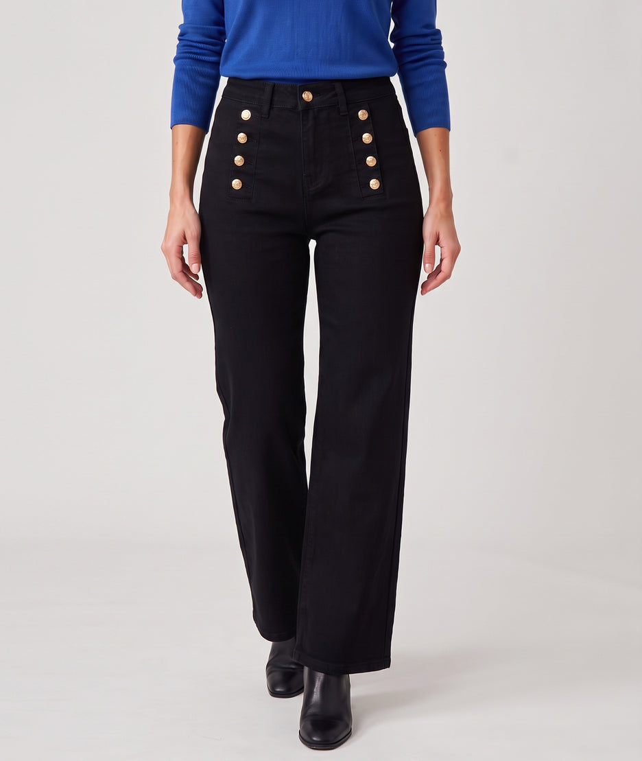 Pantalon wide leg noir taille haute femme avec boutons dorés sur le devant