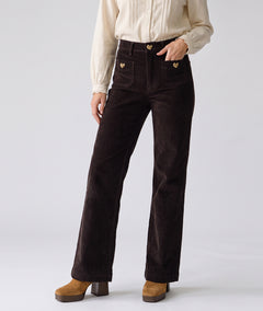 Pantalon en velours côtelé femme choco coupe flare taille haute