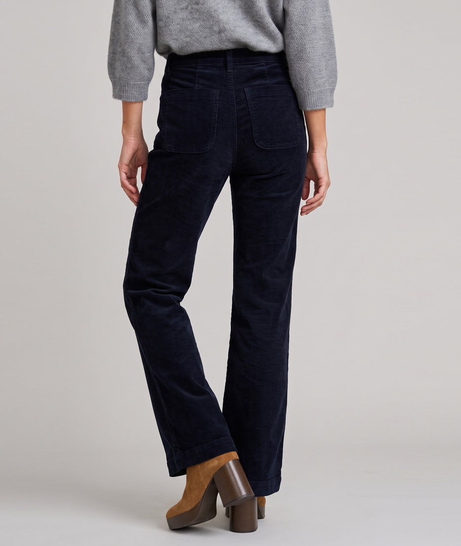 Pantalon en velours côtelé femme marine coupe flare taille haute