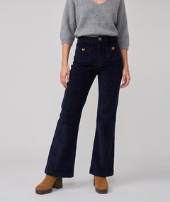 Pantalon en velours côtelé femme marine coupe flare taille haute