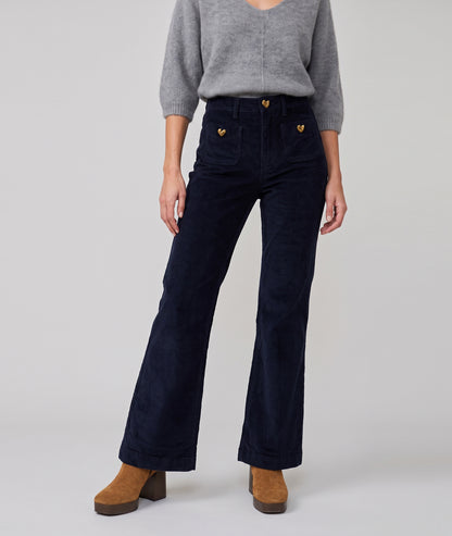 Pantalon en velours côtelé femme marine coupe flare taille haute