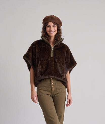 Poncho réversible femme kaki matelassé avec poche kangourou