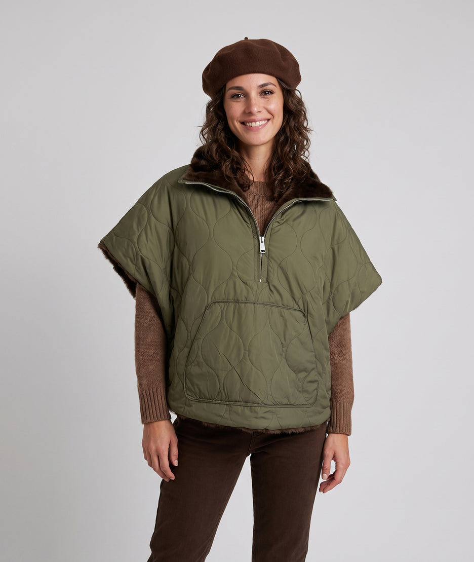 Poncho réversible femme kaki matelassé avec poche kangourou
