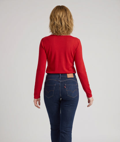 Pull manches longues femme Agile rouge en maille fine col V et coupe droite