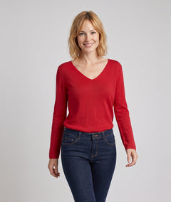 Pull manches longues femme Agile rouge en maille fine col V et coupe droite
