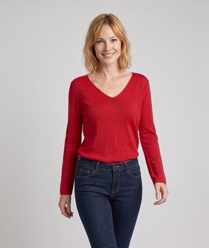 Pull manches longues femme Agile rouge en maille fine col V et coupe droite