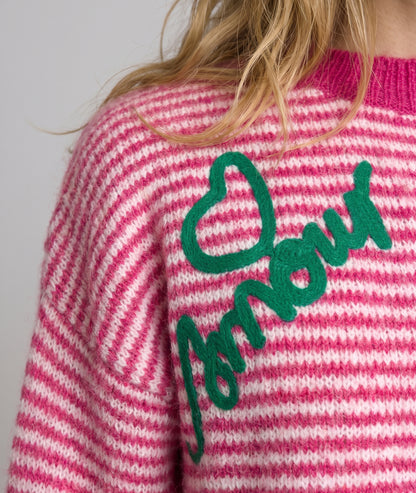 Pull rayé femme fushia à broderies Amour et manches longues