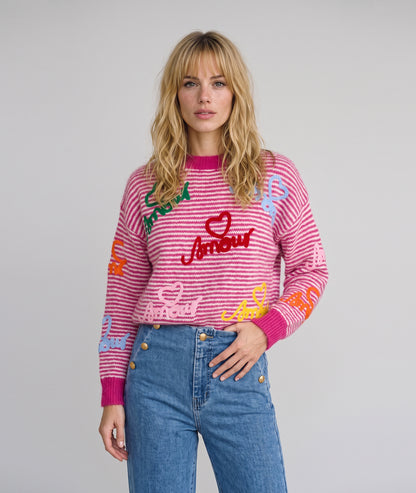 Pull rayé femme fushia à broderies Amour et manches longues