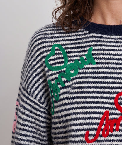 Pull rayé femme marine à broderies Amour et manches longues