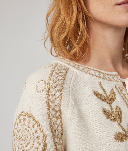 Pull en maille jacquard femme Andréa beige à motifs dorés détail avant