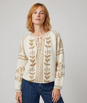 Pull en maille jacquard femme Andréa beige à motifs dorés vue de face