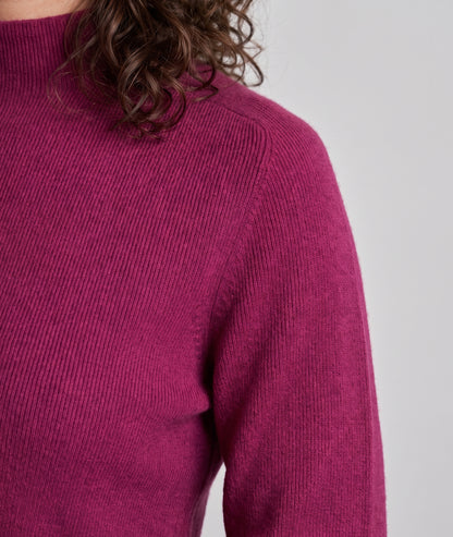 Pull aubergine femme manches longues col montant coupe près du corps