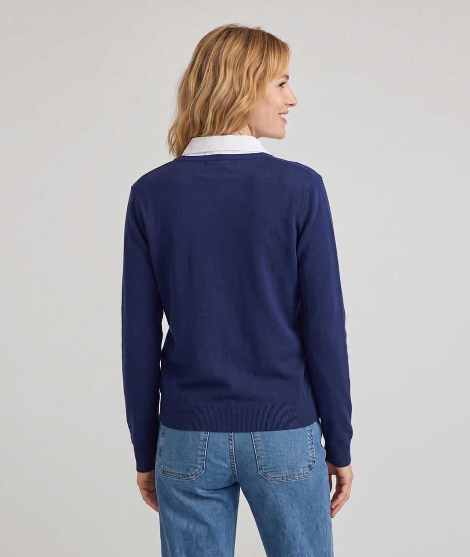 Pull col chemise femme marine à col V et manches longues