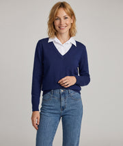 Pull col chemise femme marine à col V et manches longues