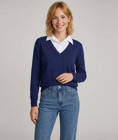Pull col chemise femme marine à col V et manches longues
