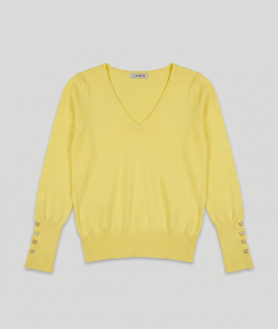 Pull col V uni jaune face avant
