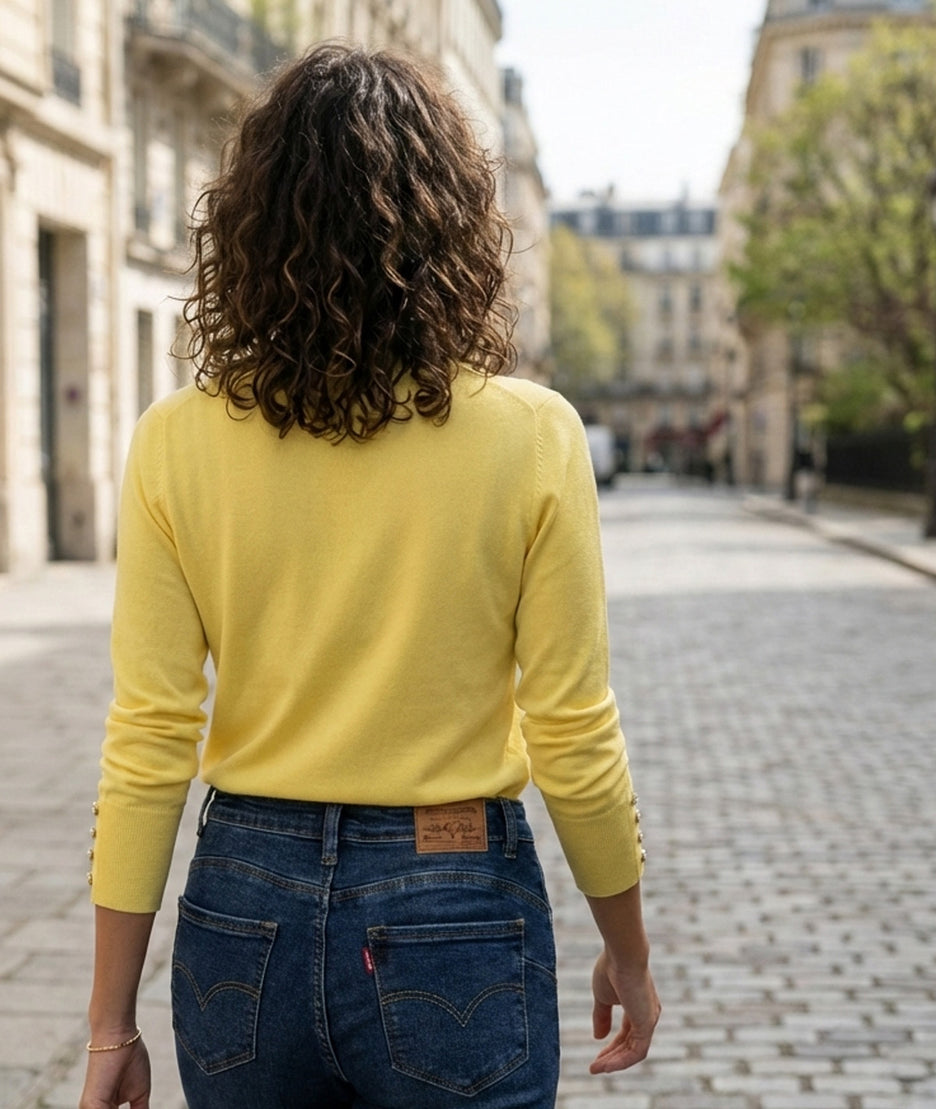 Pull col V uni jaune face arrière