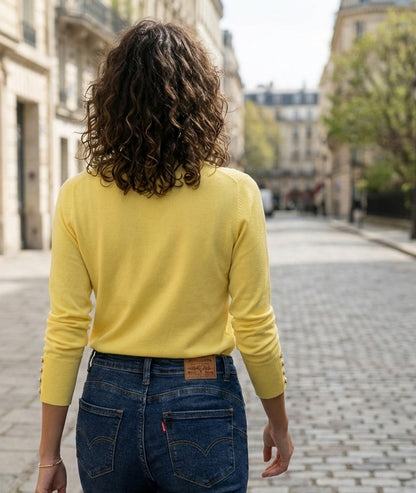 Pull col V uni jaune face arrière