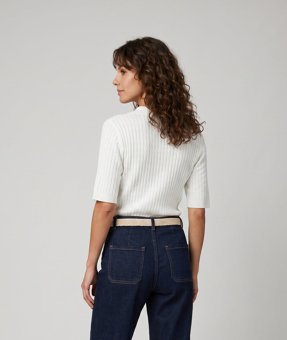 Pull Cuore écru manches courtes en maille torsadée avec broderie cœur rouge — Carnaby