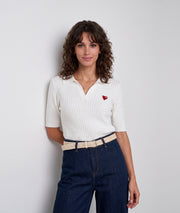Pull Cuore écru manches courtes en maille torsadée avec broderie cœur rouge — Carnaby