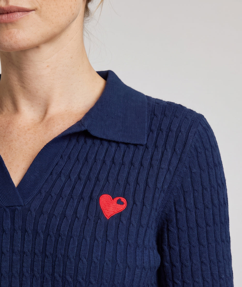 Pull Cuore marine manches courtes en maille torsadée avec broderie cœur rouge — Carnaby