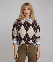 Pull en maille losange femme Esma beige et chocolat motif argyle col rond manches longues