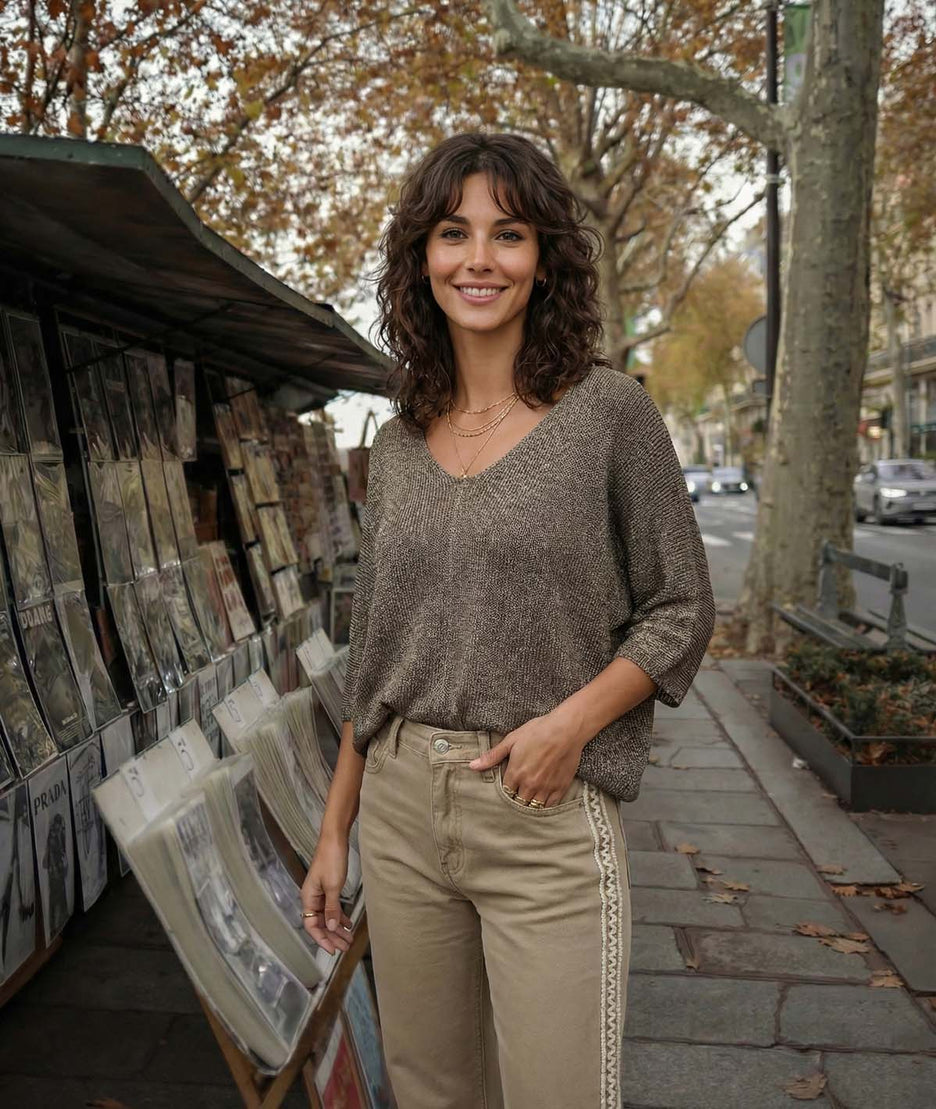 Pull ample pailleté Ilura taupe face avant