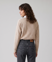 Pull en maille beige à pois blancs avec broderie Amour et col chemise blanc