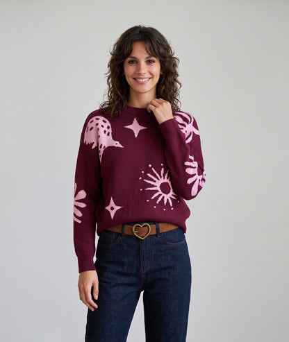 Pull en maille femme bordeaux et blanc à motifs fantaisie