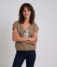 Pull sans manches femme en maille camel Mel avec foulard imprimé à nouer et col V