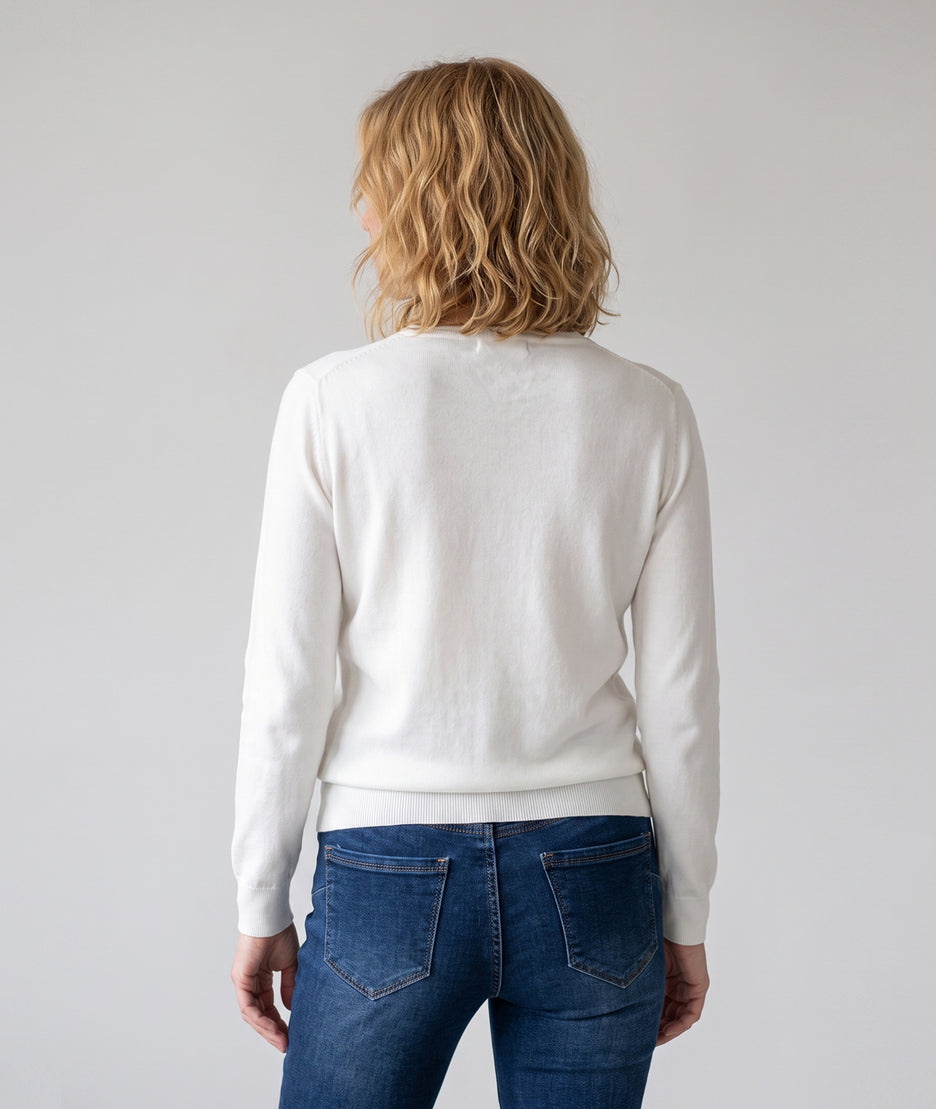 Pull col V femme écru Miulo en maille fine avec broche en strass